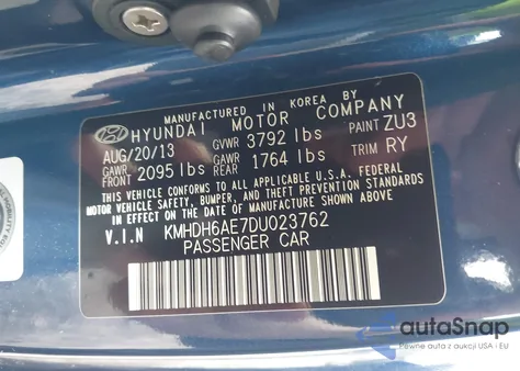 2013 Hyundai Elantra Gs z USA, uszkodzony, nr VIN KMHDH6AE7DU023762